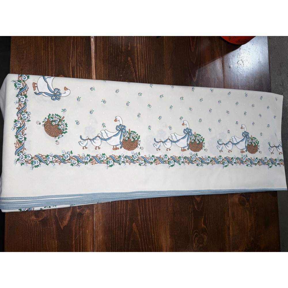 Vintage Country Goose Tablecloth Blue White Floral Border Farmhouse 58x84